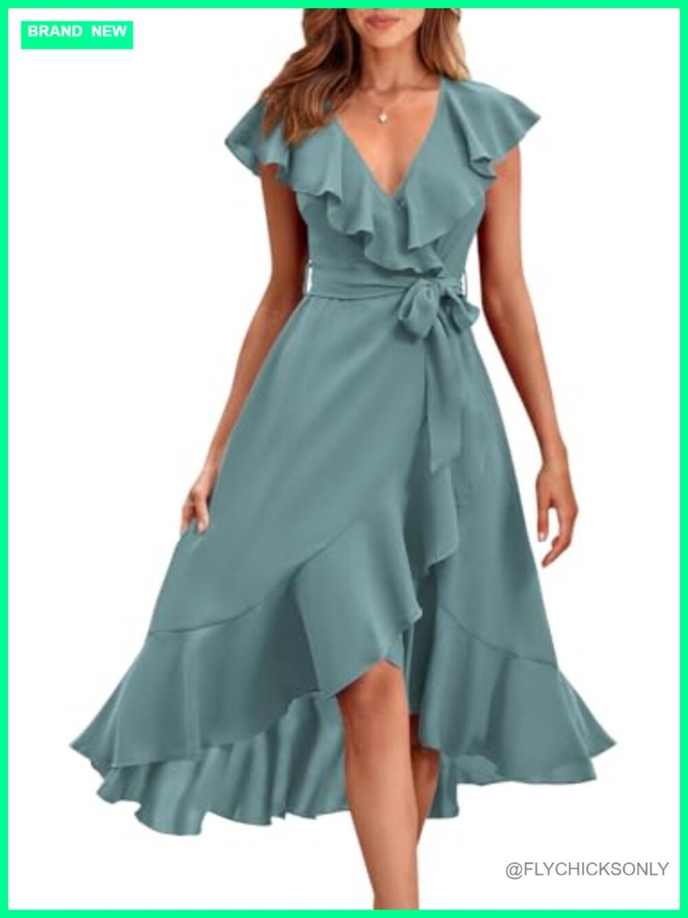 Women's Cross V Neck Ruffle Midi Dress Tie Waist Beach Casual
